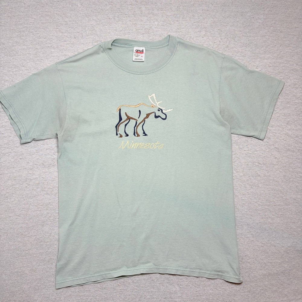Vintage Anvil Men Tshirt Large Sage Green Minnesota Moose Embroidered Cotton Tee